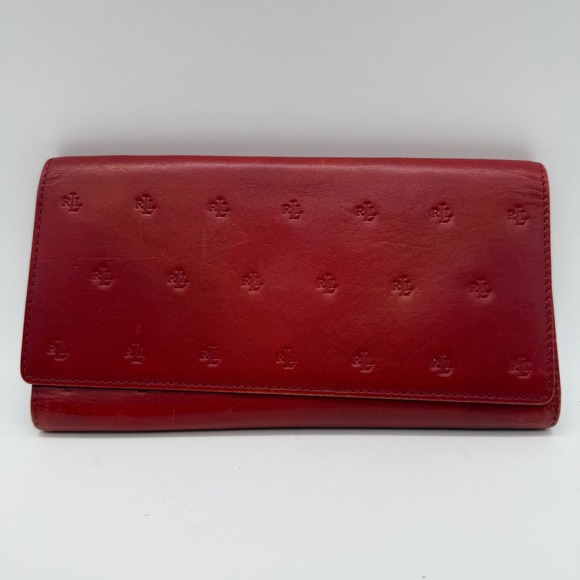 Lauren Ralph Lauren Handbags - Lauren Ralph Lauren Wallet Womens Red Leather Embossed RL Monogram Slim Flap